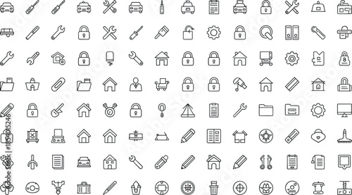 General purpose thin line icons set with tools, home, security, transport, settings, office, technology, repair, and everyday utility outline symbols