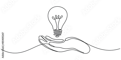 Continuous line art of a human hand holding a bright lightbulb, symbolizing a new idea or inspiration