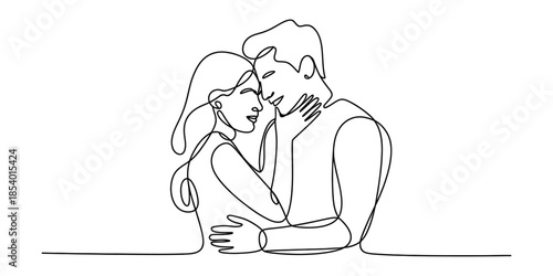 Continuous line drawing of a loving couple embracing in a tender moment of pure affection