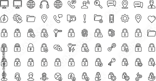 Security and communication thin line icons set with lock, password, privacy, login, protection, phone, message, user, and network symbols