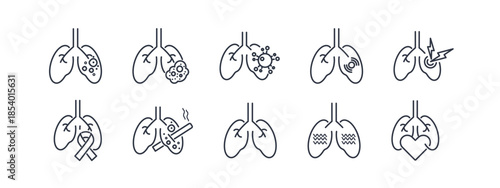 Lung health icons depicting respiratory conditions like asthma, bronchitis, and COPD. Editable outline pictograms for medical screening and pulmonary function design.