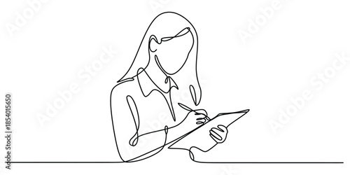 Continuous line drawing of a focused woman writing notes on a clipboard