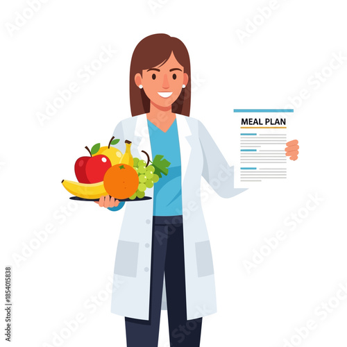 Nutritionist holding healthy food and meal plan