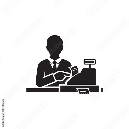 Man Using Cash Register in Shop, Silhouette Illustration