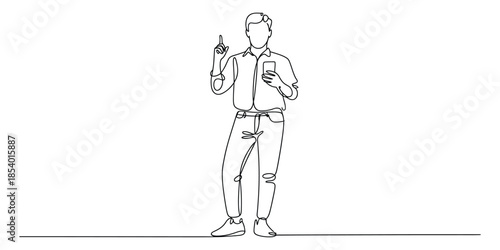 Continuous line drawing of a person using a smartphone and pointing upwards with an idea