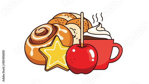 Cozy and delicious assortment of winter holiday treats, including a candy apple, cinnamon roll, star cookie, and hot chocolate with cream.