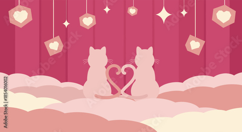 Sweet Valentine's Day illustration of two cat silhouettes forming a heart with their tails, sitting on clouds in a pink, dreamy setting.