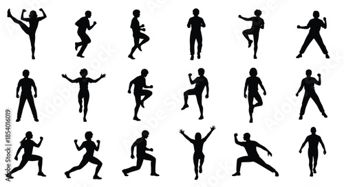 Comprehensive set of black silhouettes showing people in various dynamic fitness, exercise, and workout poses on a white background.