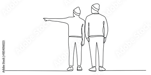 One person points the way, guiding their companion in a simple line art illustration