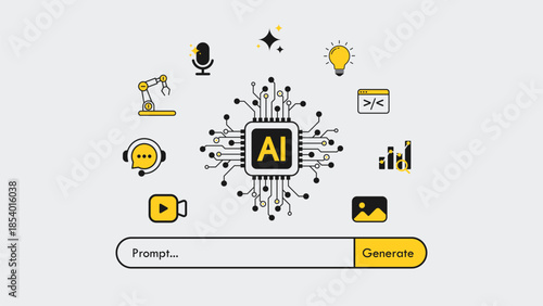 AI chip with a generative or search engine bar. Concept of artificial intelligence. AI chip with circuit and multimedia icons can be created and analyzed using machine learning. Vector illustration.