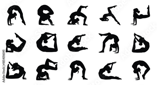 Set of black silhouettes showcasing a flexible woman performing various advanced yoga and contortionist poses on a white background.