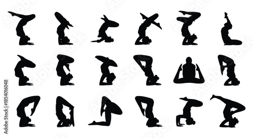 Artistic set of black brushstroke-style silhouettes depicting various headstand and inversion yoga poses for balance and strength training.