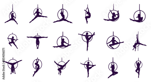 Elegant collection of purple silhouettes showing a female aerialist performing various graceful poses on an aerial hoop or lyra.