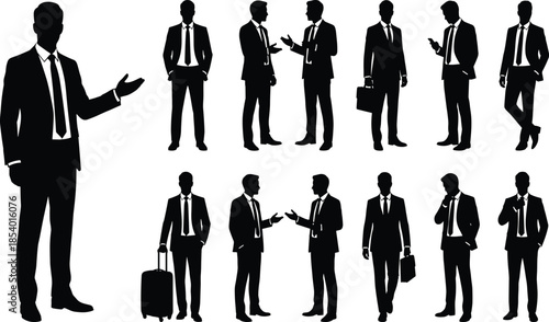 Business silhouettes, professional men in suits, corporate poses, briefcase, phone, walking, presenting, teamwork, leadership, communication, success, 