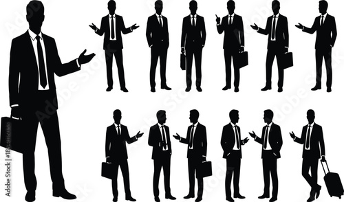 Business silhouettes, professional men in suits, corporate poses, briefcases, luggage, presentation gestures, teamwork, leadership, communication, success, office, career, 