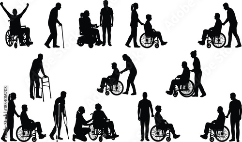 Disability silhouettes, wheelchair users, caregivers support, mobility aids, inclusive design, accessibility, diversity, compassion, assistance, inclusion, community, healthcare, 