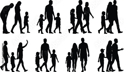Family silhouettes, parents and children walking, diverse family groups, connection, love, unity, everyday life, relationships, parenting, togetherness, support, bonding, 