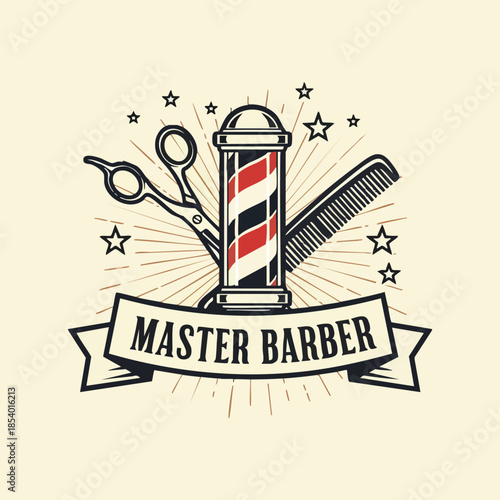 Vintage Master Barber Emblem Featuring Classic Styling Tools and Barber Pole Illustration