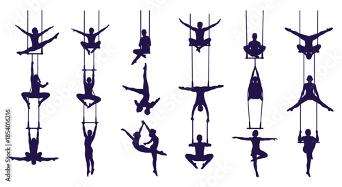 Collection of dark purple silhouettes showing circus performers on a static trapeze, including solo and duo acrobatic poses.