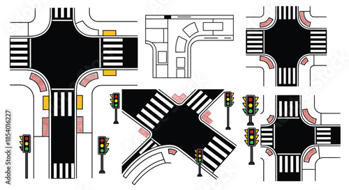 Top-down view set of various road intersections with crosswalks, traffic lights, and street markings, including a layout plan.