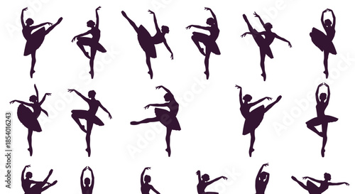 Extensive collection of elegant ballerina silhouettes in various classical ballet poses, showcasing grace, flexibility, and artistic form.