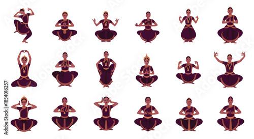 Set of a traditional Indian dancer in various classical dance poses, showcasing intricate hand gestures (mudras) and seated postures.