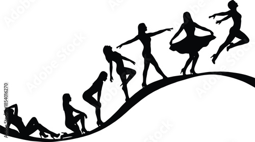 Female silhouette evolution, transformation poses, empowerment journey, artistic wave composition, growth, dynamic movement, personal development, strength,