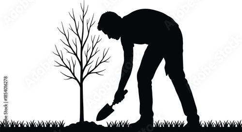 Gardening silhouette, person planting tree, environmental care, horticulture, outdoor work, sustainability, ecology, conservation, farming, agriculture, landscape, soil, nature, growth, reforestation,