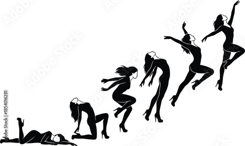 Female silhouette transformation, dynamic poses, empowerment journey, artistic ascension, freedom, growth, resilience, creativity, success, inspiration, progress, liberation, evolution, 