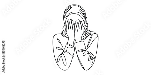 Continuous line art of a woman in a hijab hiding her face, expressing profound emotion