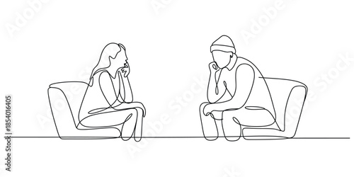 Continuous line art of a man and woman engaging in deep thought or conversation during a therapy session