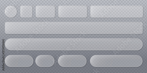 Set of transparent frosted glass shapes in a liquid glass style. Realistic glass morphism effect for ui, ux design, application, and web. Liquid glass style gradient background. Vector illustration.