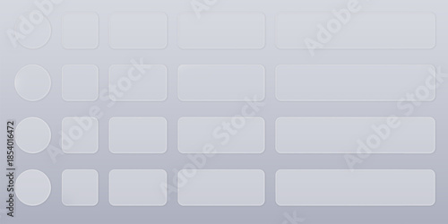 Set of transparent frosted glass shapes in a liquid glass style. Realistic glass morphism effect for ui, ux design, application, and web. Liquid glass style gradient background. Vector illustration.