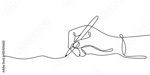 Continuous line drawing of a human hand holding a pen and writing or drawing