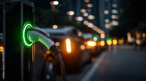 Electrifying Future: An electric vehicle charging station glows with an electric green light, its cable poised to power an electric car.
