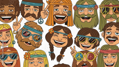 Collection of Cartoon Hippie Character Faces.