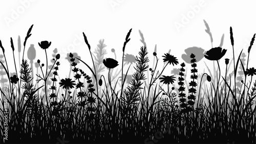 Black Silhouette of Wildflowers and Grasses.