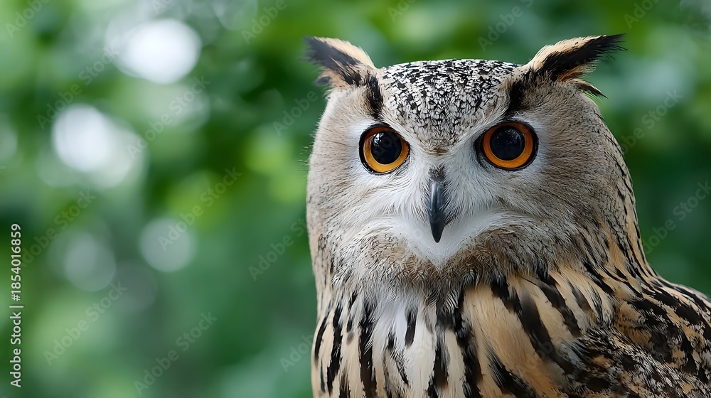 Fototapeta premium A detailed headshot of a Eurasian Eagle Owl capturing its intense orange eyes sharp beak and intricate plumage against a bokeh background of lush green foliage