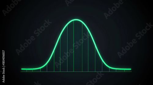 Teal green neon normal distribution bell curve conveying concepts of statistics, probability, data analysis, and futuristic visualization