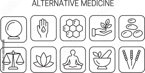 Collection of Icons Representing Various Facets of Alternative Medicine Healing