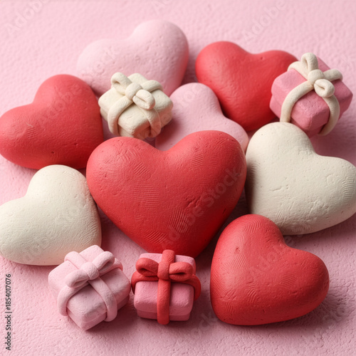 Red, Pink Hearts, Tiny Gift Boxes, Romantic Background, Pink Texture clay model