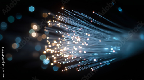 Illuminated Fiber Optic Cables: The image displays a bundle of fiber optic cables with the fiber optic cable shining, symbolizing communication, connectivity, and technological advancement.