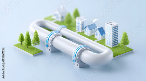 Stylized model of a city with houses and a skyscraper bisected by a prominent industrial pipeline designed for resource distribution highlighting urban development and essential services