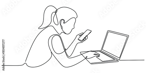 Woman multitasking with smartphone and laptop in a continuous line art drawing