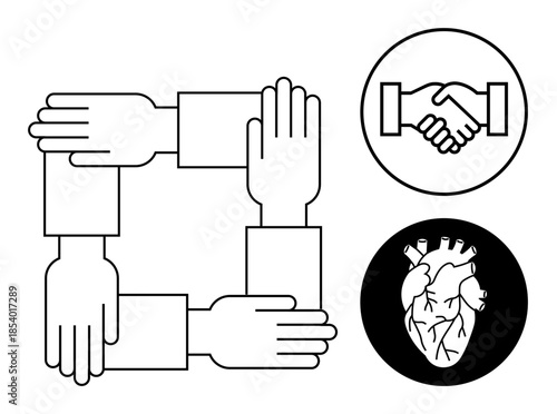 Teamwork concept. Teamwork illustrated through interlocked hands, handshake, and heart symbols. Teamwork fosters collaboration and unity. Great for leadership, trust, healthcare, corporate identity