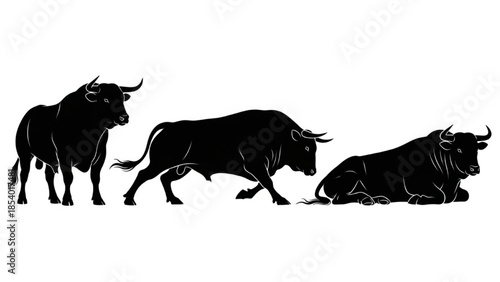 Black Bull Silhouette Vector Showing Standing Calm Charging Turning and Resting Poses