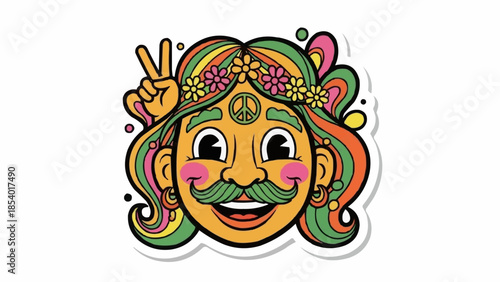 Vibrant Cartoon Face with Mustache and Hand Gesture.