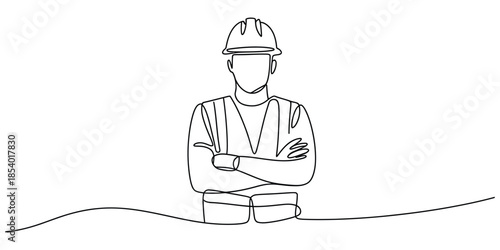 Single continuous line drawing of a confident construction worker with crossed arms and safety gear