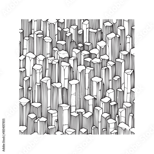 Abstract vertical line art pattern resembling basalt rock columns or tree bark. Black and white vector illustration with ink hatching texture, suitable for wallpaper, background, or fabric design.
