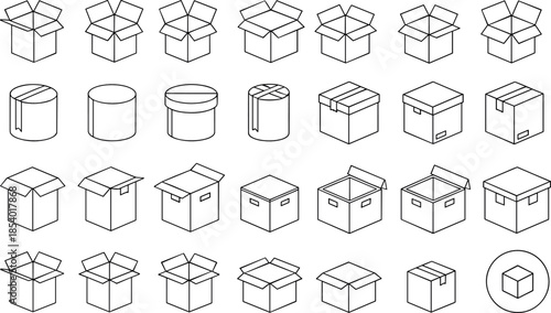 Box and package line icon set featuring cardboard boxes, containers, shipping parcels, packaging symbols and logistics delivery outline illustrations